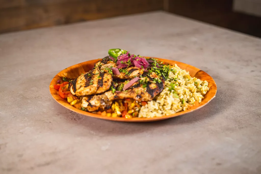 Jerk chicken dish styled for restaurant photography